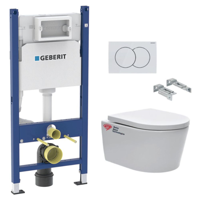 Pack Bati-support Geberit 112cm + Cuvette Swiss Aqua Technologies sans bride + Plaque blanche (SATrimlessGeb3-RT)