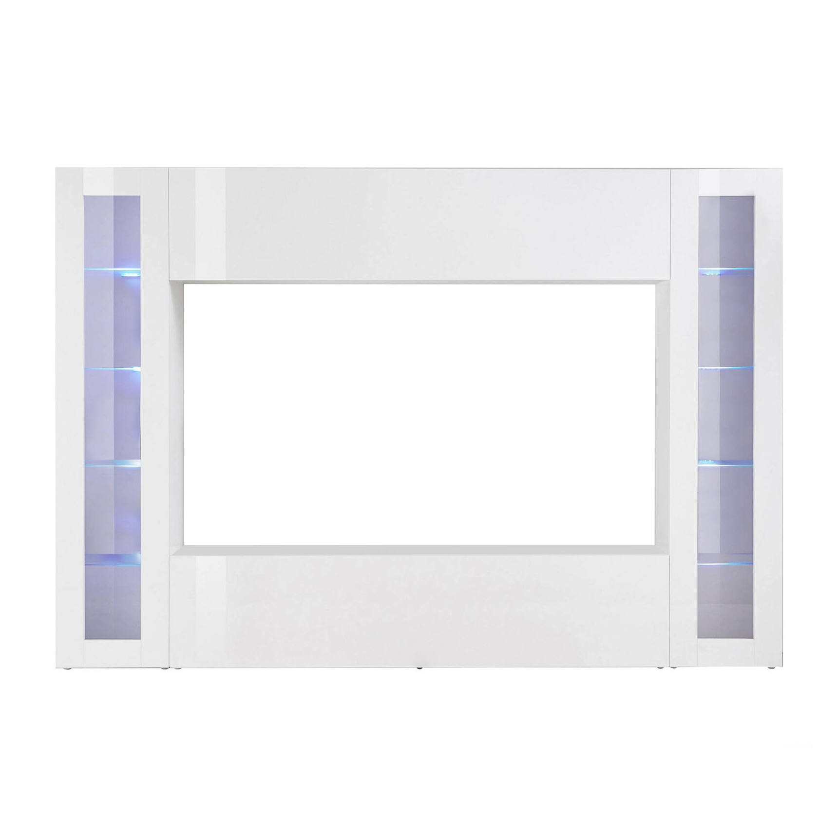 Parete attrezzata da soggiorno, Made in Italy, Base porta TV e pensili e scaffali, Set salotto moderno, cm 260x30h180, colore Bianco lucido, con luce LED blu e due vetrine