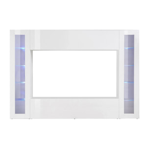 Parete attrezzata da soggiorno, Made in Italy, Base porta TV e pensili e scaffali, Set salotto moderno, cm 260x30h180, colore Bianco lucido, con luce LED blu e due vetrine