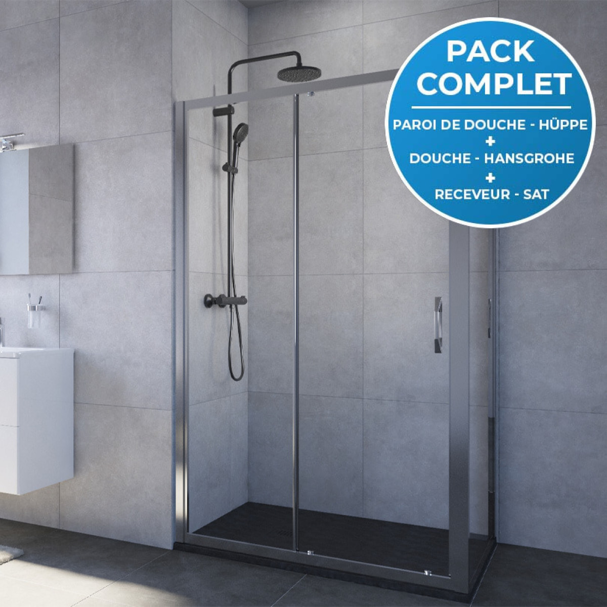 Pack douche : Porte coulissante 120cm + Paroi latérale 80cm + Colonne de douche avec mitigeur Hansgrohe + Receveur 120x80cm Noir