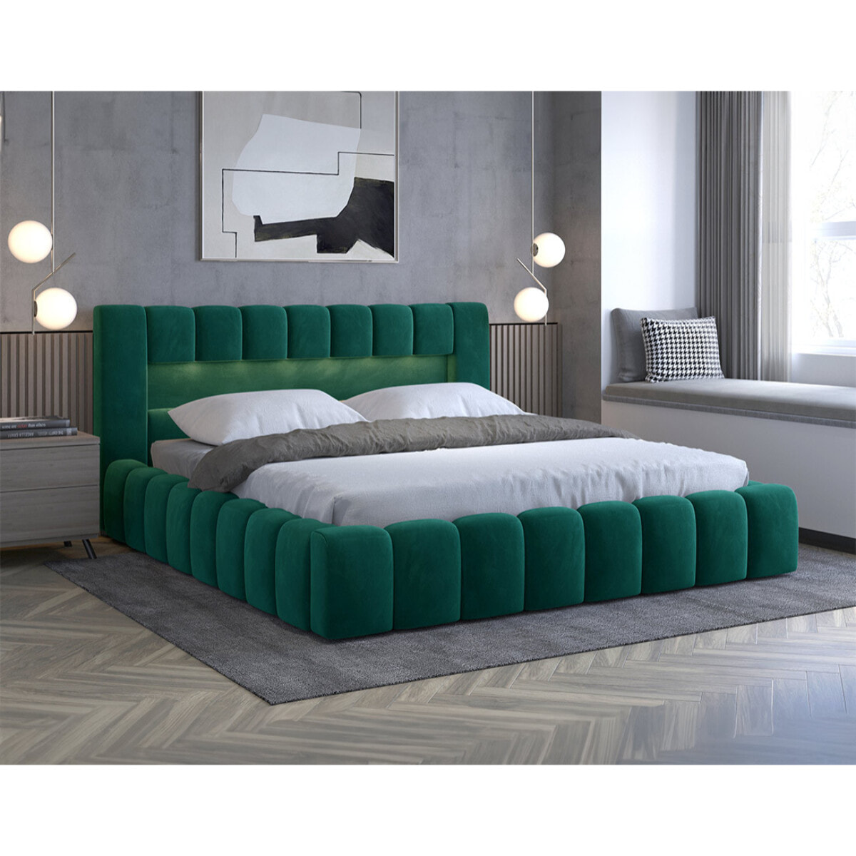 Cleo - lit coffre avec led - 180x200 cm - sommier inclus - en velours - Vert