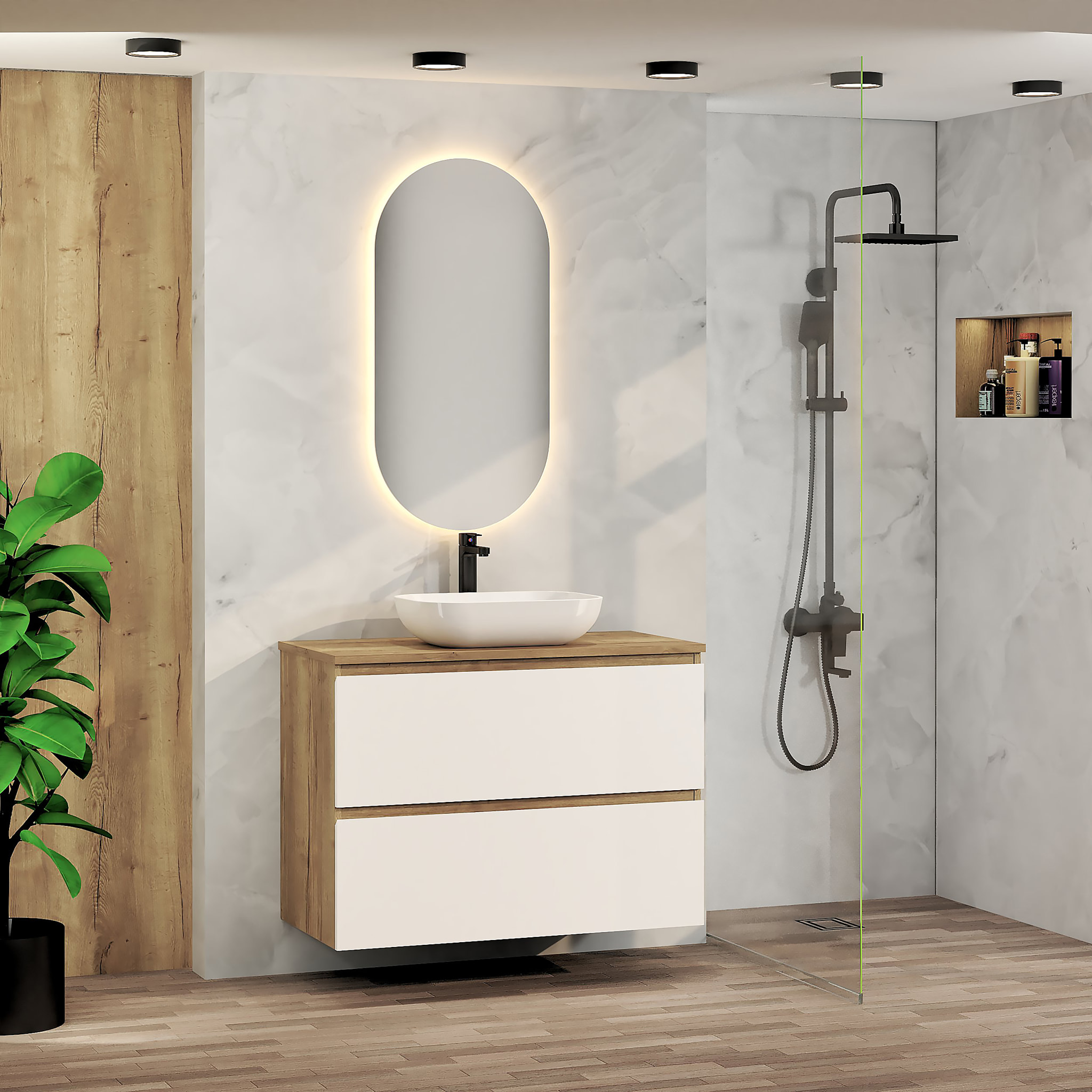 Conjunto de Baño Nia | Mueble Suspendido | 90 cm Blanco | Dos Cajones | Lavabo Sobrepuesto | No incluye Espejo | Mueble Montado| Alday