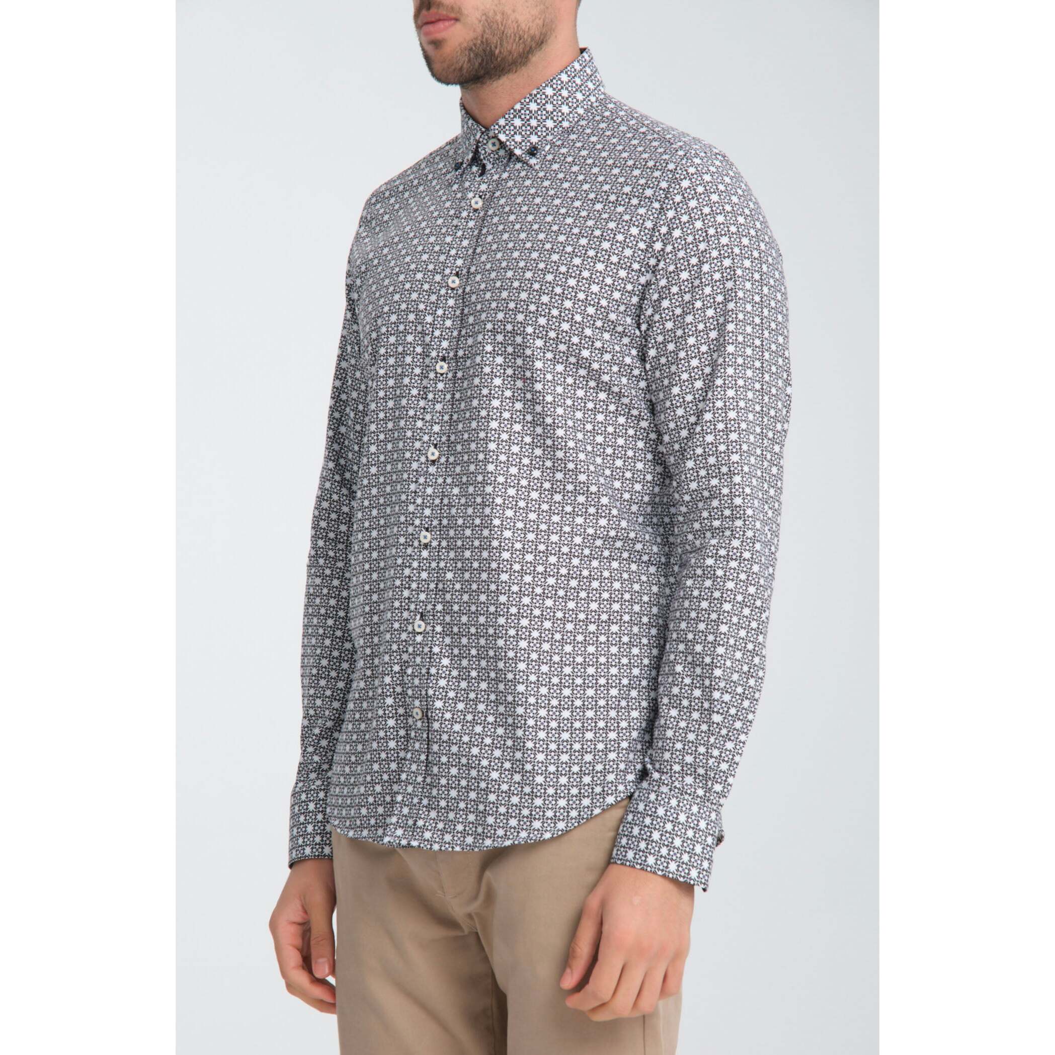 Camicia Uomo Botton Down Slim Oxford Stampato Bianco/Nero