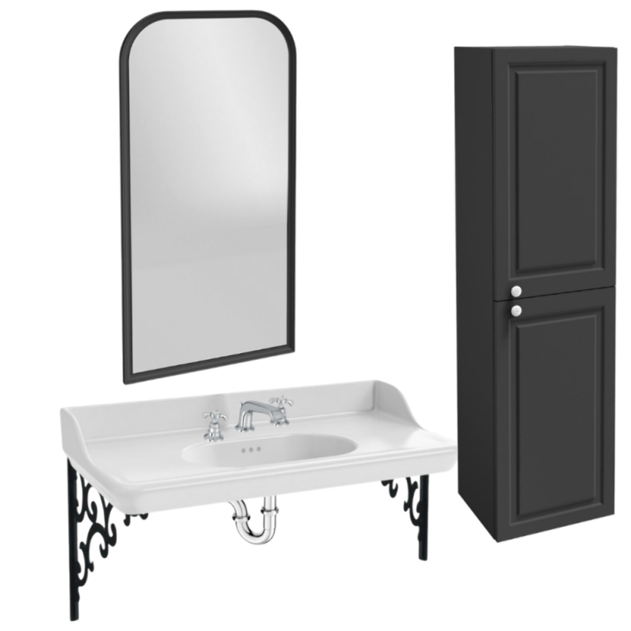 Pack plan vasque suspendu 3 trous Cléo 1889 + colonne droite + miroir + mélangeur croisillon chromé + siphon chromé