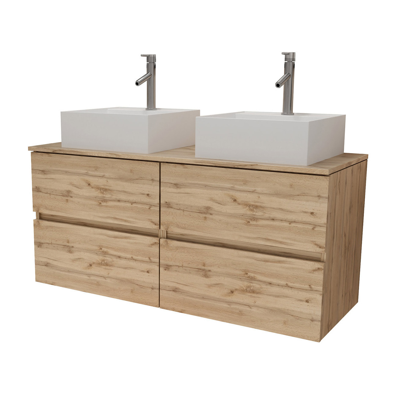Meuble Salle de Bains 120cm 4 Tiroirs Chêne Naturel - 2 Vasques Carrées 41x41x15cm Blanches