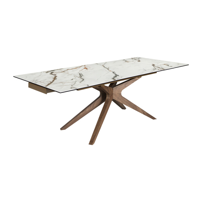 Mesa comedor extensible rectangular con tapa de mármol porcelánico blanco con vetas en tonalidades grises y detalles en óxido en acabado mate 160x100x76cm