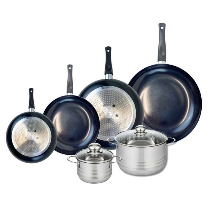 Ensemble de 4 Poêles de cuisson 20, 24, 28 et 32 cm et 2 faitouts 14 et 20 cm Elo Prima Brillant
