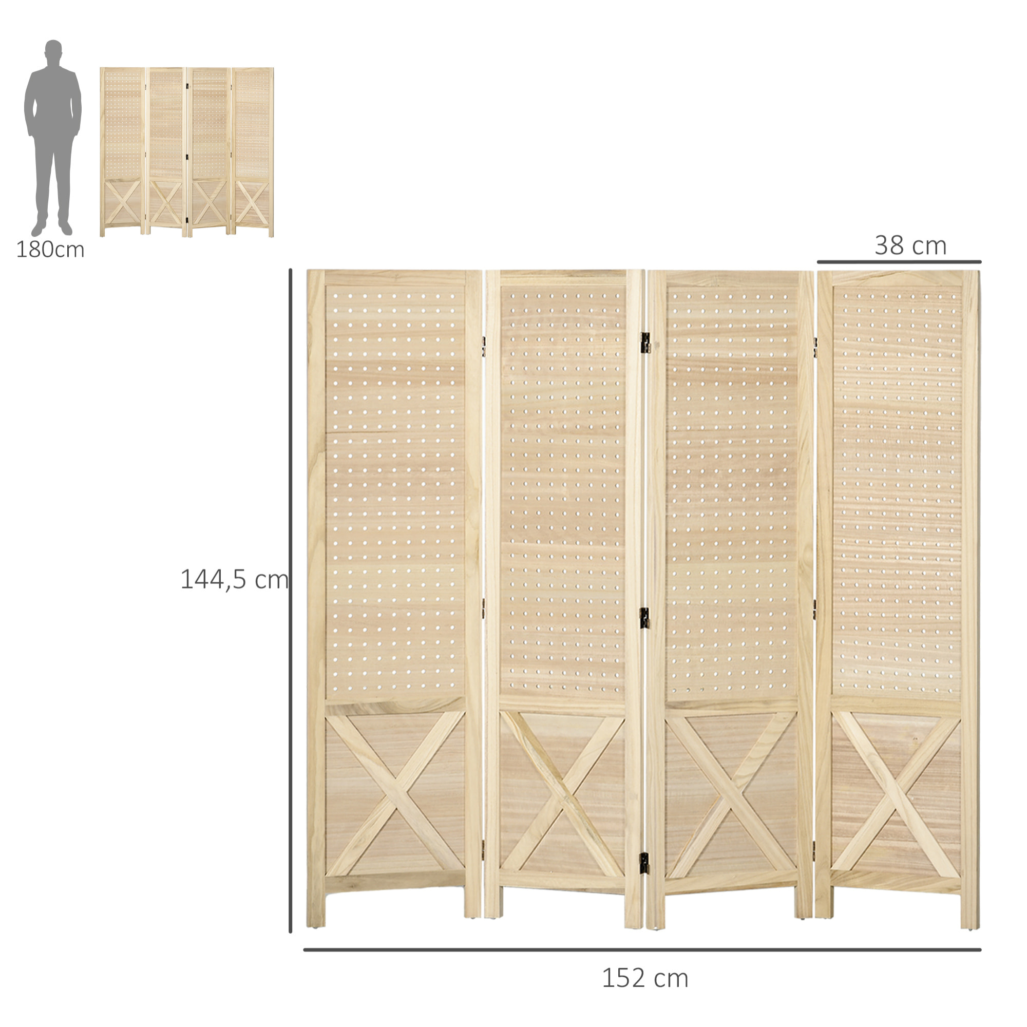 Paravent intérieur en bois 4 panneaux 152 x 144,5 cm pliable bois naturel