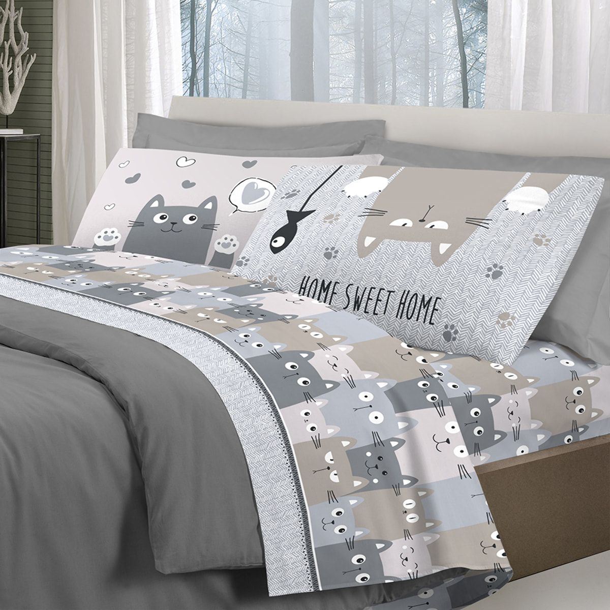 Completo letto happycat grigio 100% cotone