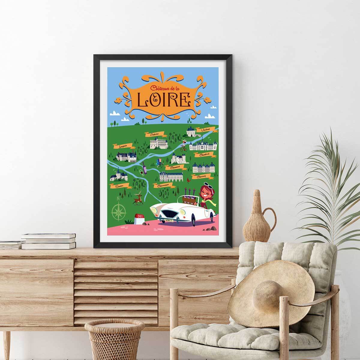 Poster sur la route des chateaux de la loire Affiche sous cadre noir