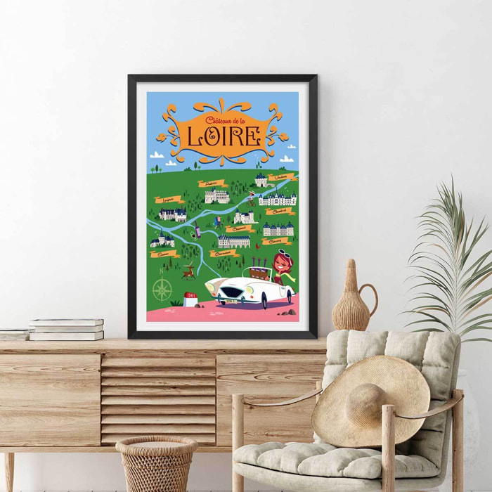 Poster sur la route des chateaux de la loire Affiche sous cadre noir
