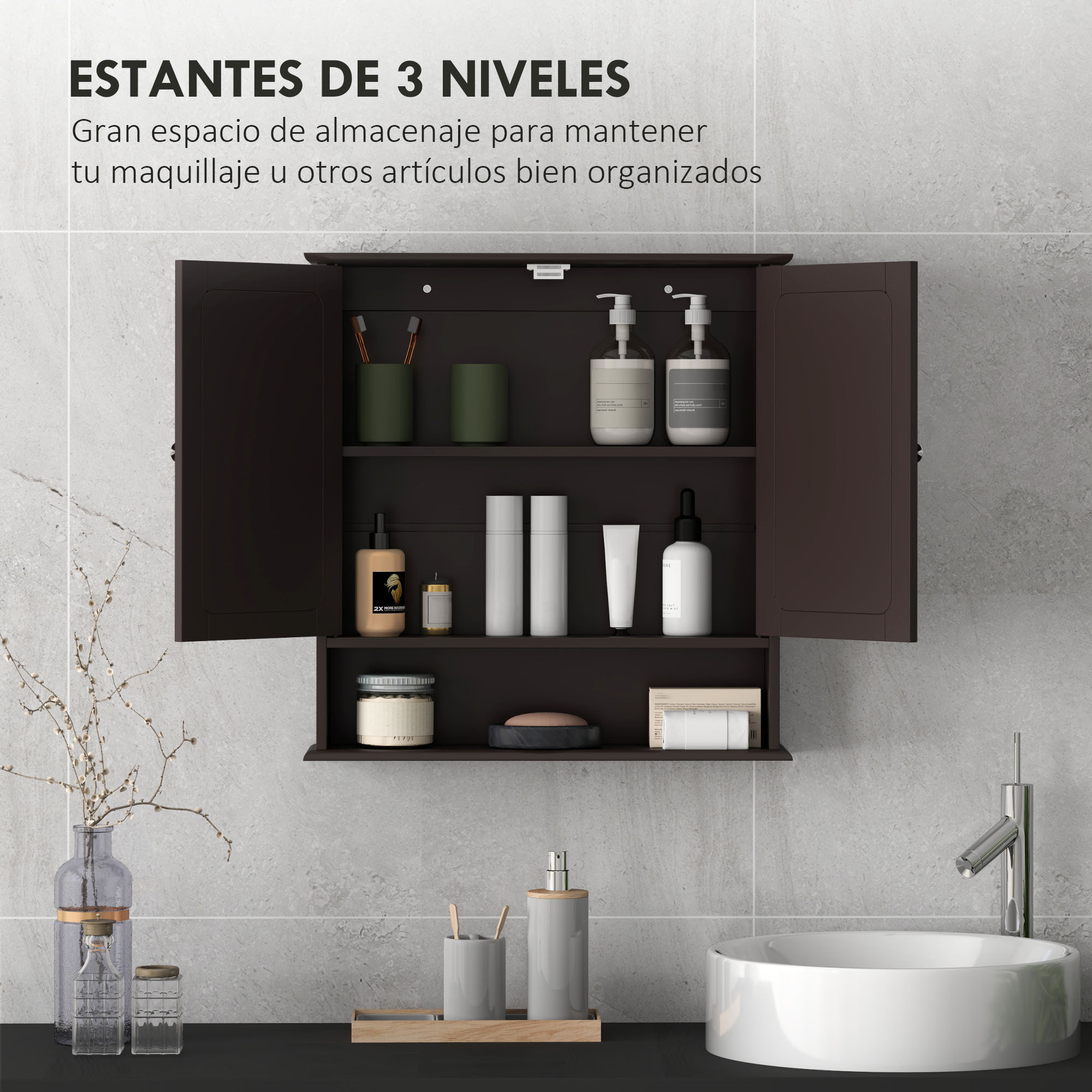 Armario de Baño con Espejo, Armario de Pared con 2 Puertas, Estante Abierto, Estante Ajustable, Mueble de Baño Colgar para Cocina, Salón, 56x13x58 cm, Marrón Oscuro