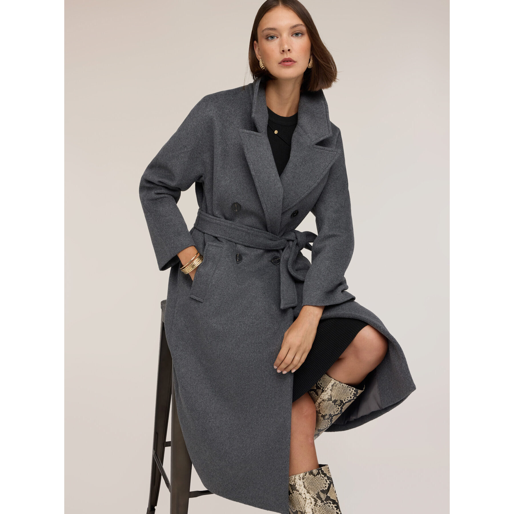 Motivi - Cappotto cinturato in drap misto lana - Grigio