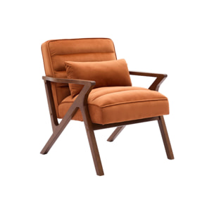 Fauteuil scandinave bois d'hévéa et velours terracotta