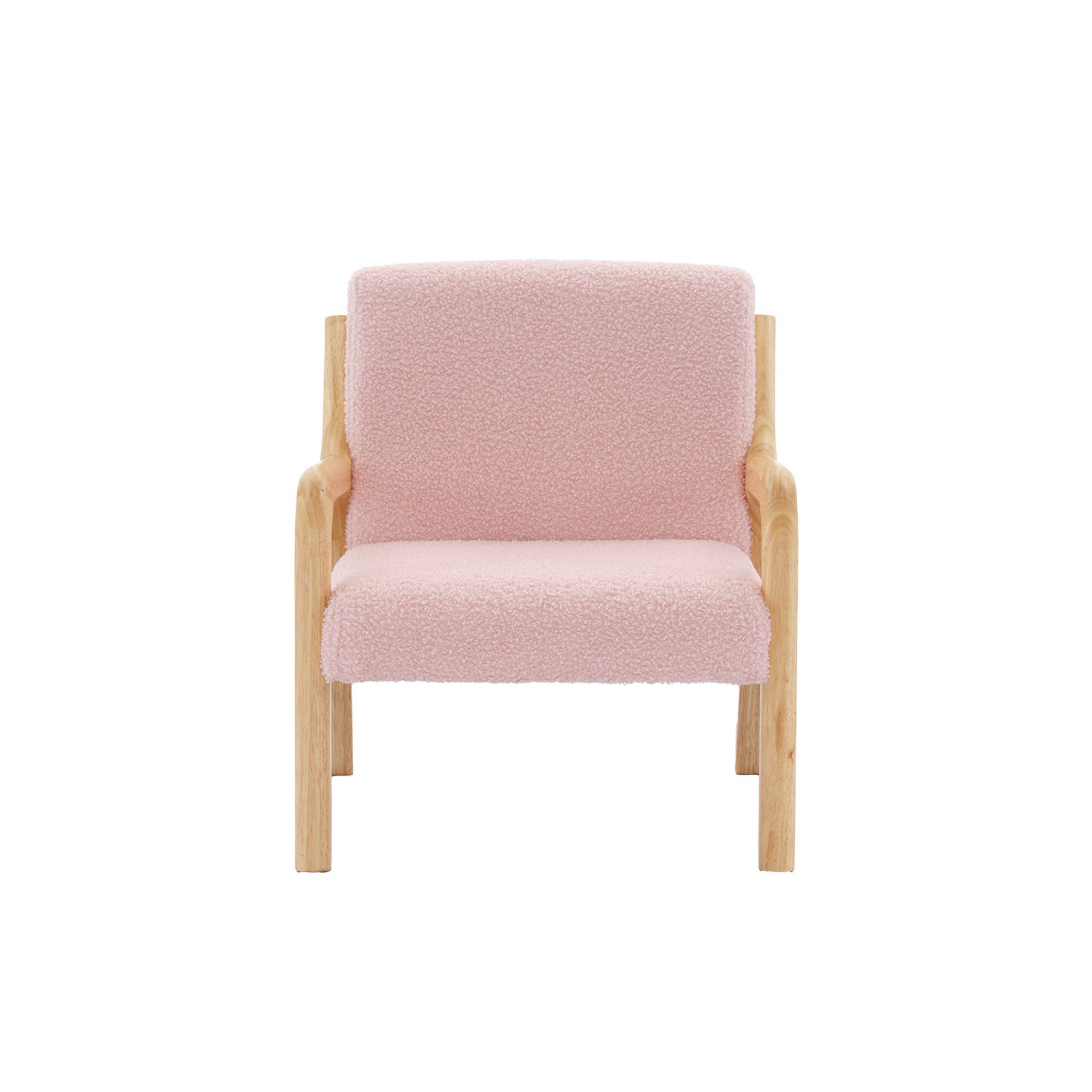 Fauteuil scandinave enfant en bois et tissu bouclette rose