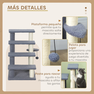 Escalera para Gatos de 4 Niveles Escalera para Mascotas Cubierto de Suave Felpa Poste de Sisal Bola Colgante Árbol Rascador para Gatos 60x40x64 cm Gris