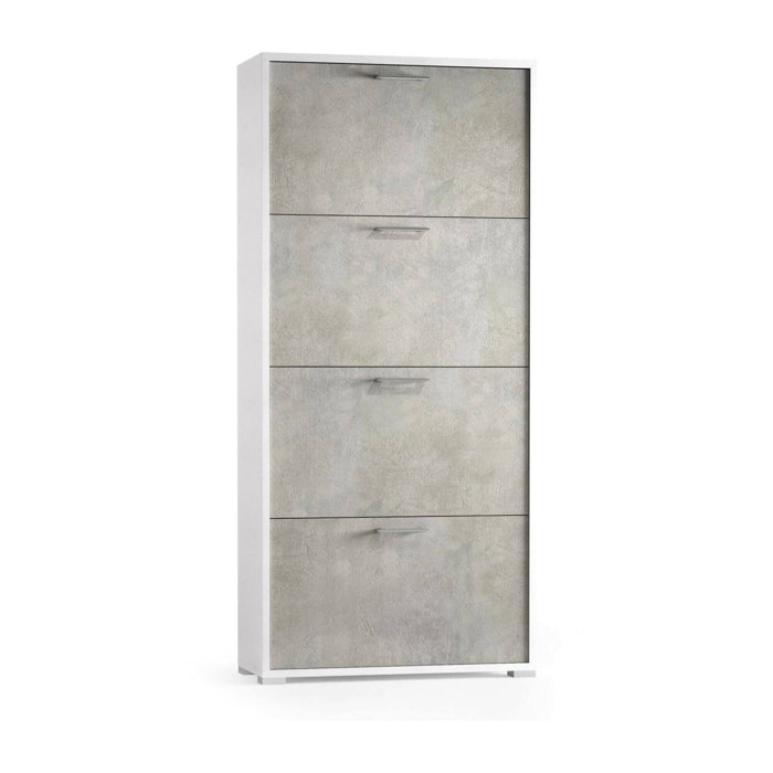 Scarpiera Rosa, Mobile multiuso da ingresso con 4 ante a ribalta, Armadietto portascarpe a doppia profondità, 100% Made in Italy, Cm 67x28h147, Bianco e Cemento