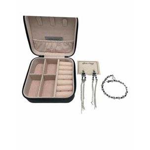 Joyero de viaje y Conjunto de Swarovski pendientes largos y pulsera con detalles de flor. Plata de ley 7-10 micras en color negro