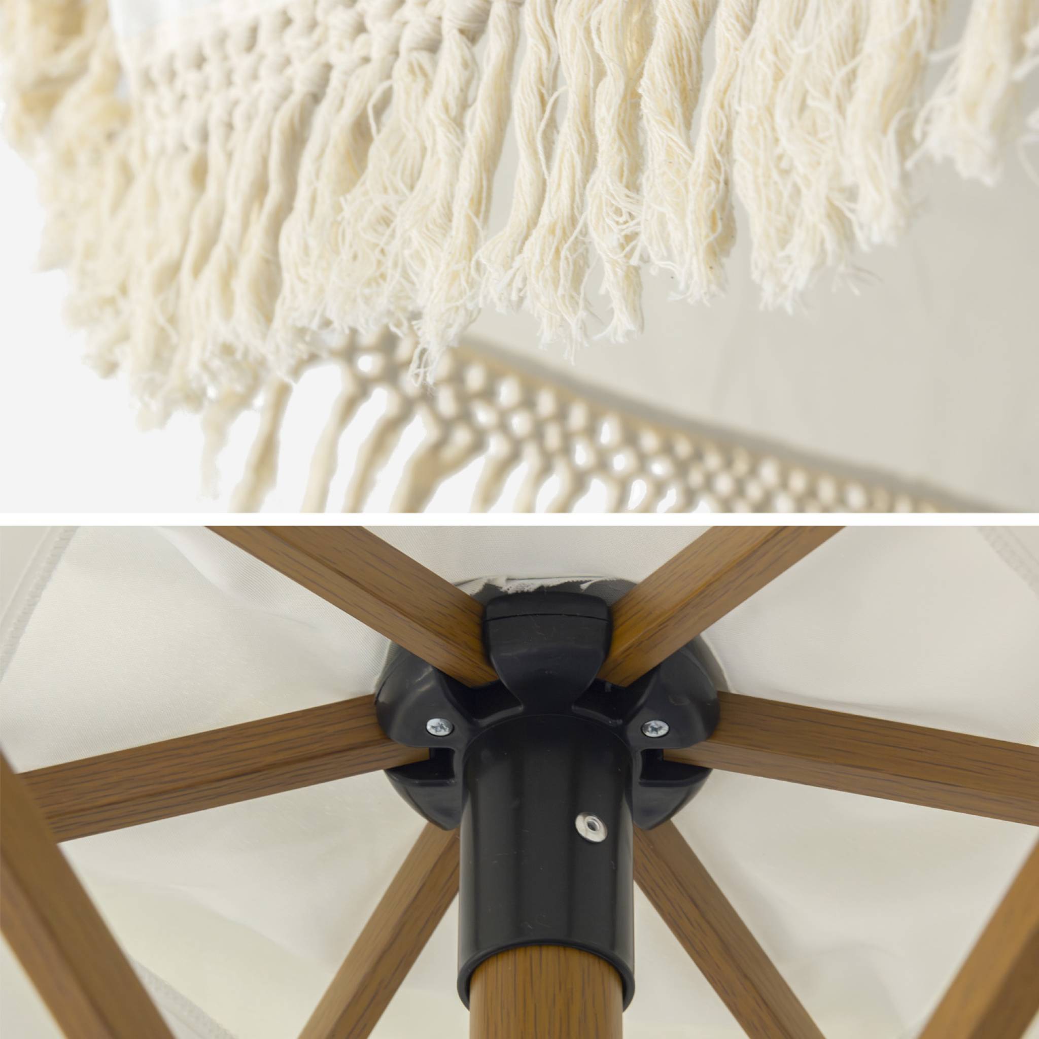 Parasol HOSSEGOR droit à franges 2m. beige. acier. mât effet bois. UPF 30+. D 200 x H 225 cm