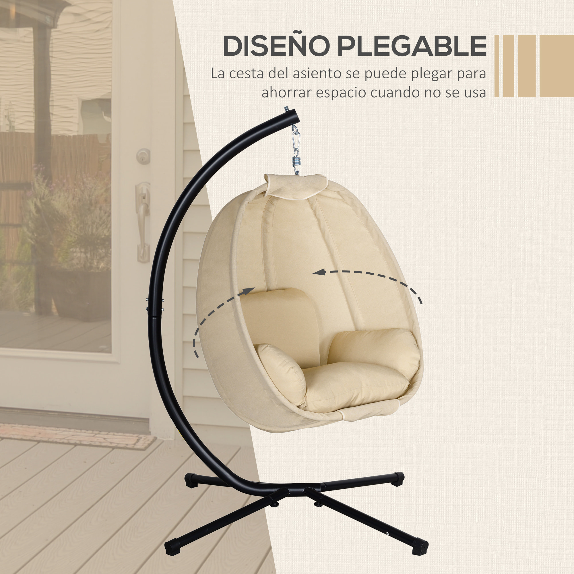 Silla Colgante Huevo con Soporte Columpio Jardín Exterior con Cesta Plegable y Cojín Columpio Colgante para Interior y Exterior Carga 120 kg Caqui