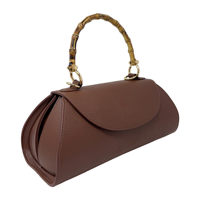 Borsa a Mano Elegante da Donna con Manico in Bambu in Pelle Martellata