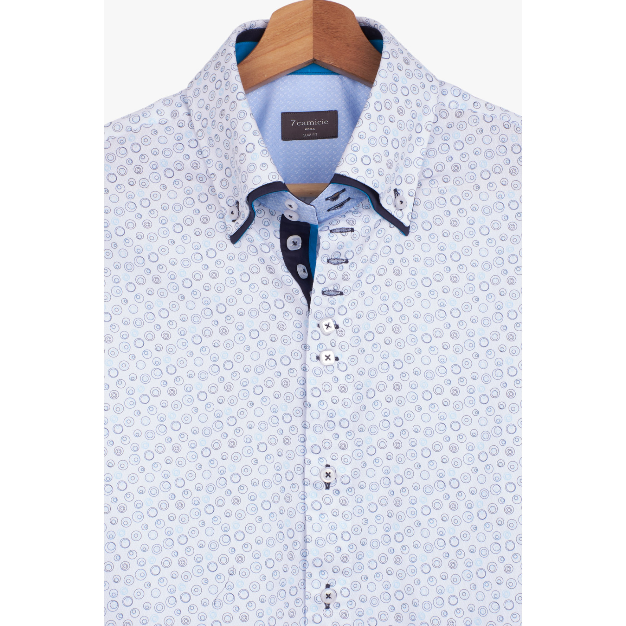Camicia Uomo 2 Bottoni Button Down 7bottoni Doppio Coll Armaturato Stampato Bianco/Celeste