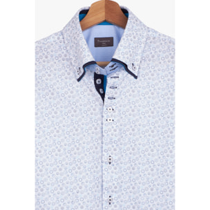 Camicia Uomo 2 Bottoni Button Down 7bottoni Doppio Coll Armaturato Stampato Bianco/Celeste