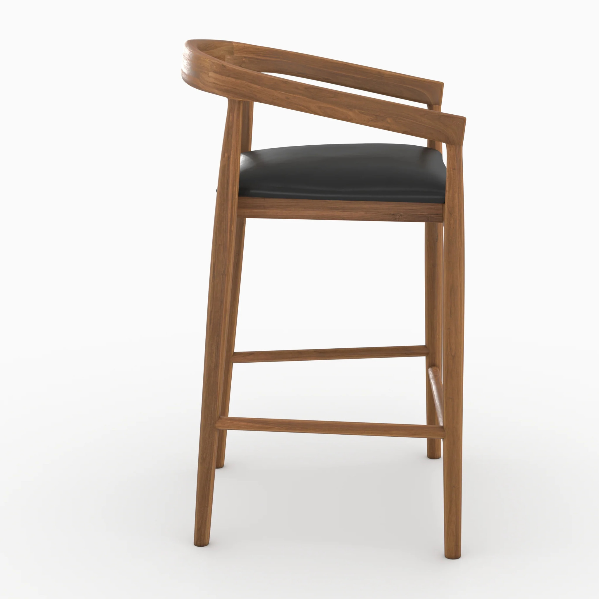 Lot de 2 chaises de bar 77 cm en teck vernis et assise en cuir noir - Bali