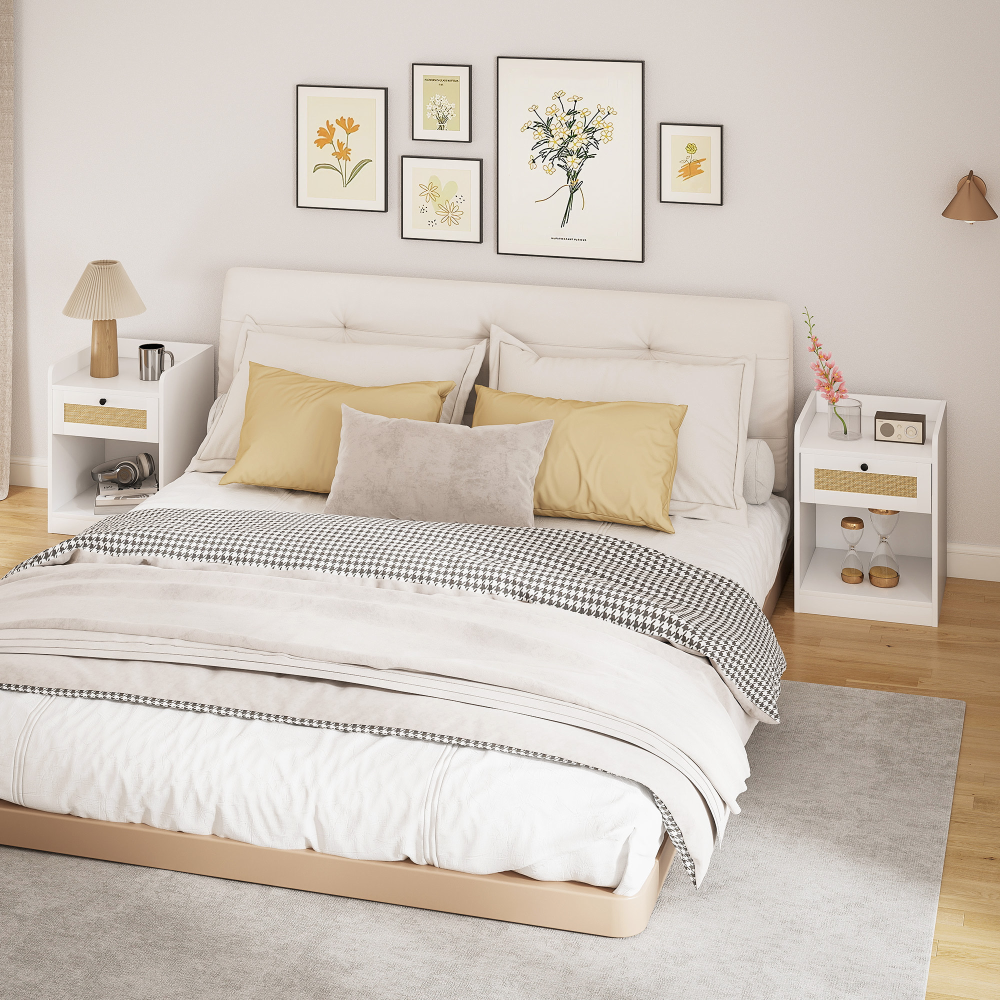 Juego de 2 Mesitas de Noche con Cajón con Frontal de Ratán Mesillas de Noche para Dormitorio para Habitación Hogar 40x40x53 cm Blanco