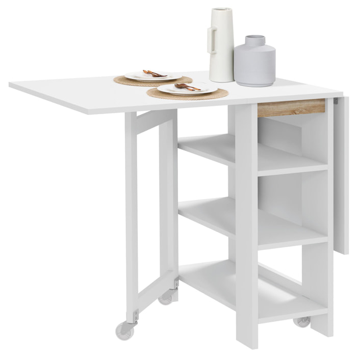 Table à manger pliable - roulettes, 2 abattants, 3 étagères - dim. 120L x 60l x 75H cm - blanc