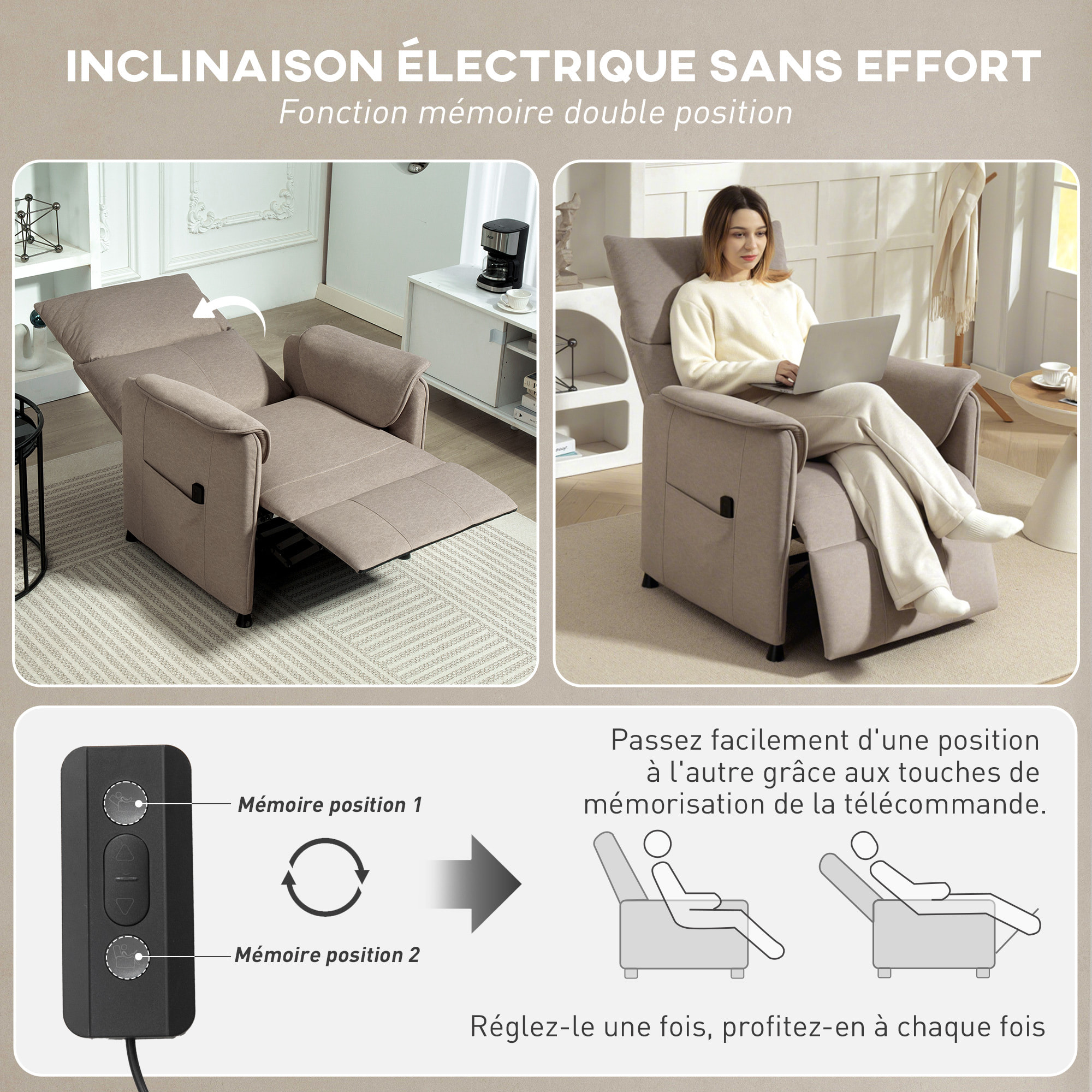 Fauteuil relax électrique inclinable repose-pieds rétractable télécommande velours marron