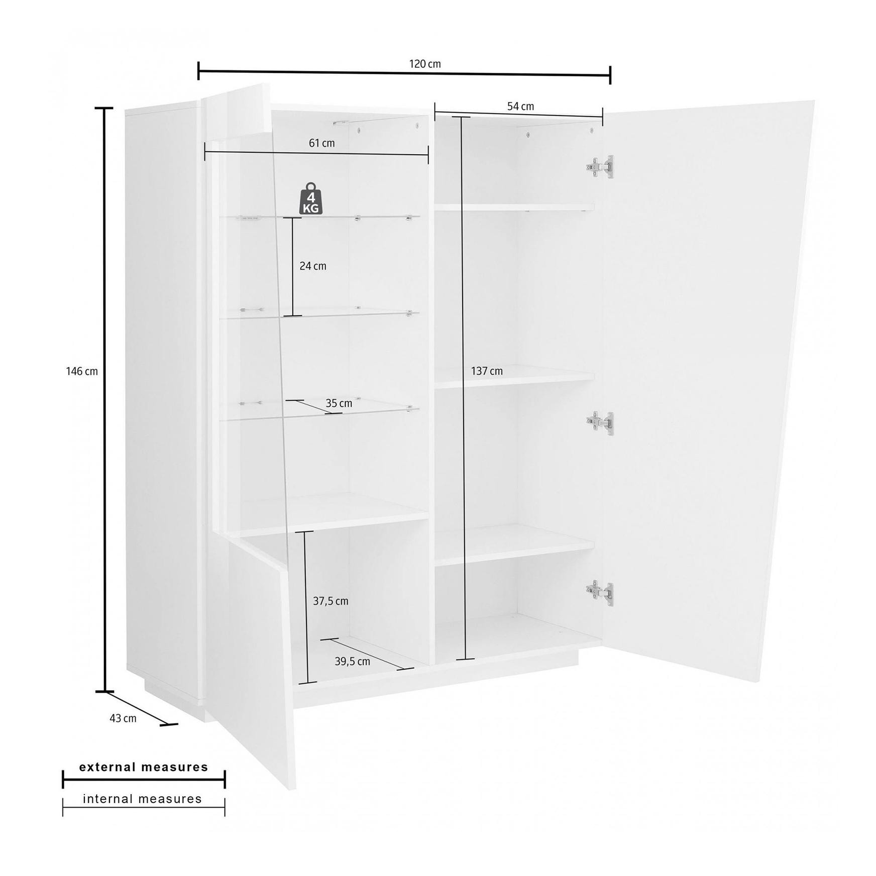 Vetrina moderna con anta a vetro, Made in Italy, con luce LED bianca, Credenza con ripiani, Vetrinetta da soggiorno, cm 120x43h146, colore Grigio Ardesia