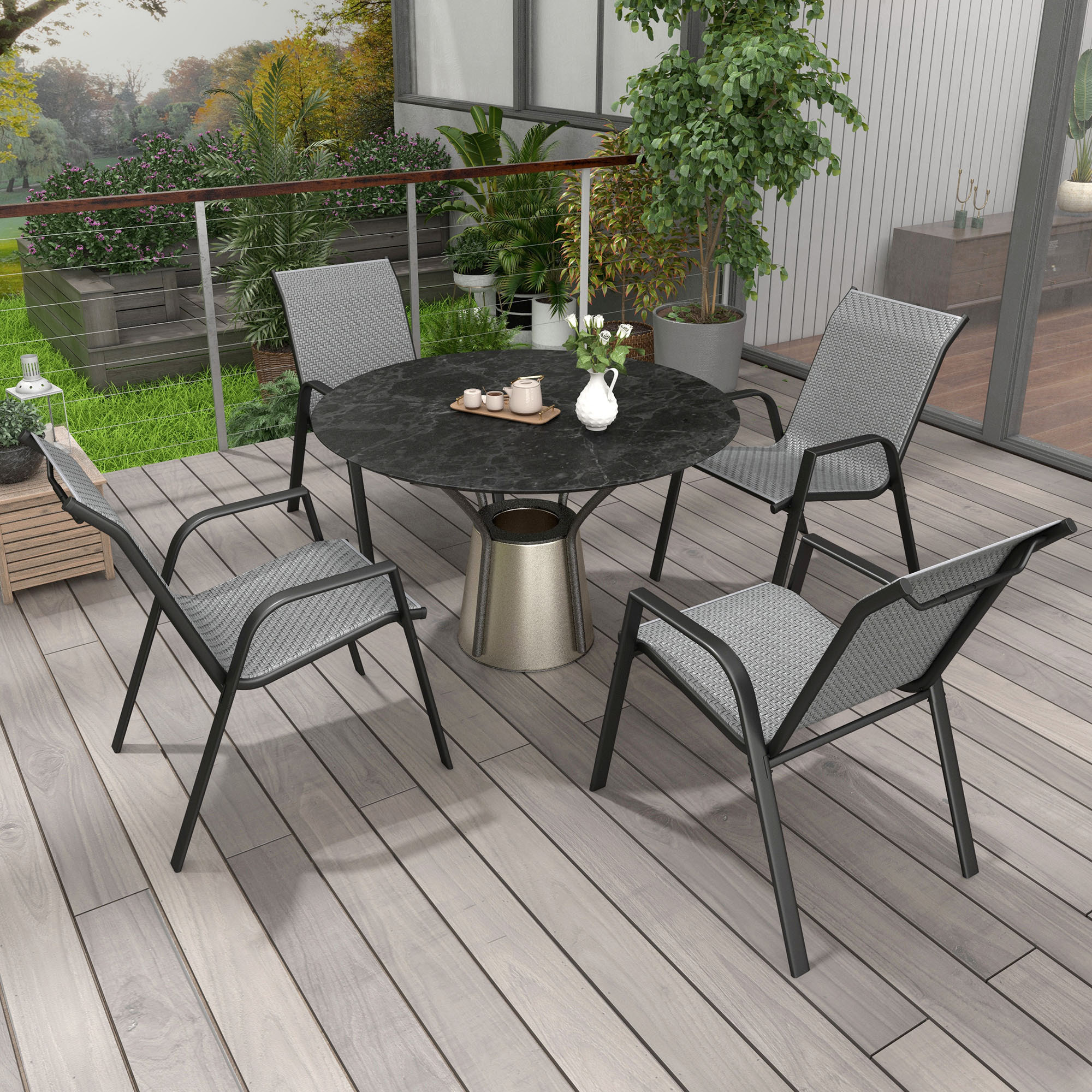 Lot de 4 chaises de jardin empilables - accoudoirs - design - acier époxy noir résine tressée grise