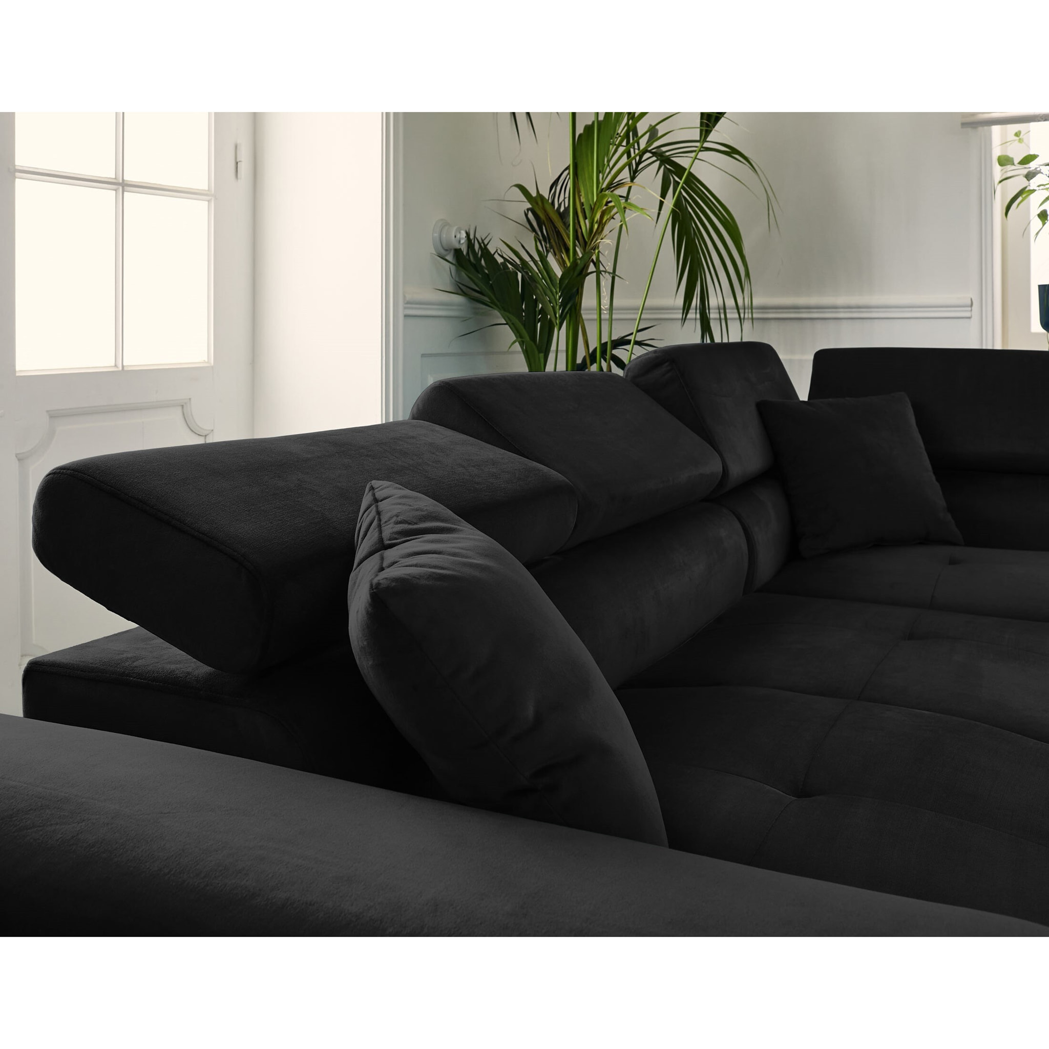 Dimas - canapé d'angle droit 5 places - convertible avec coffre et têtières réglables - en velours - Noir