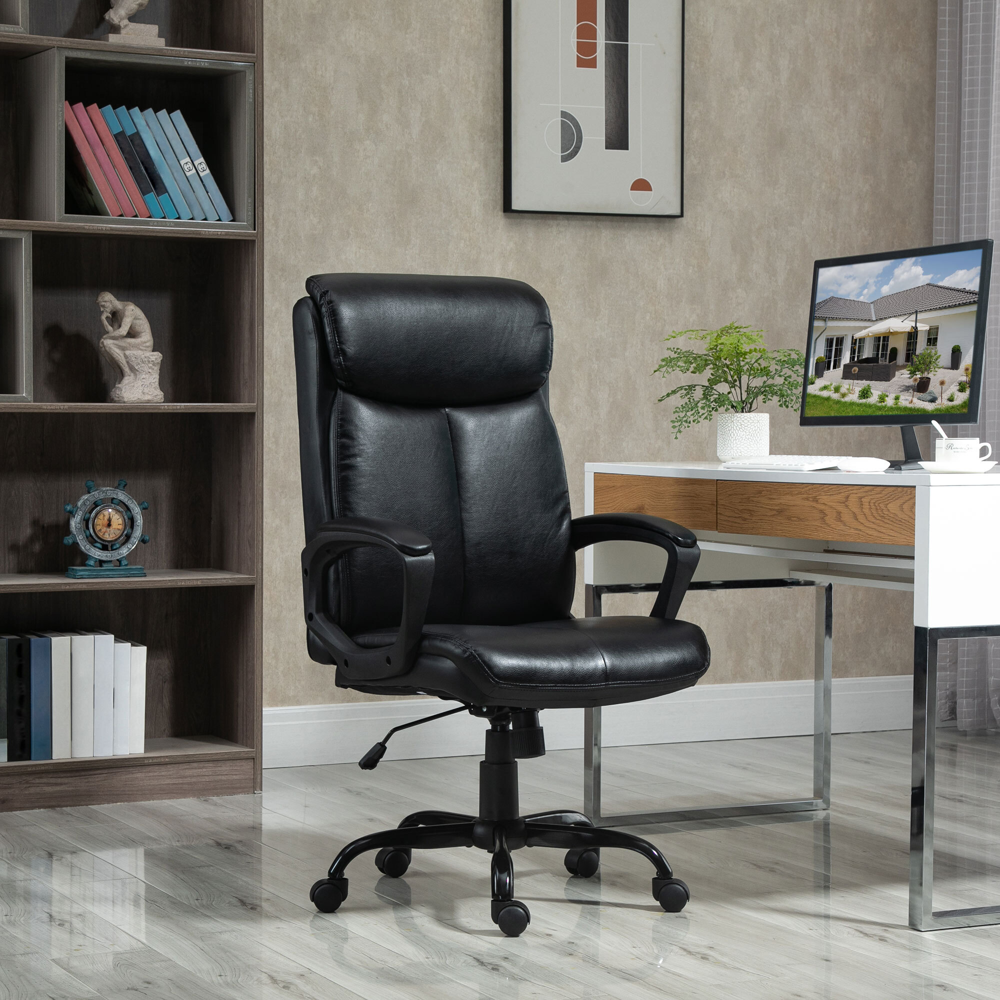 Silla de Oficina Giratoria Silla de Escritorio Ergonómica con Altura Ajustable Reposabrazos y Respaldo Acolchado de Piel Sintética 67x69x111-119 cm Negro