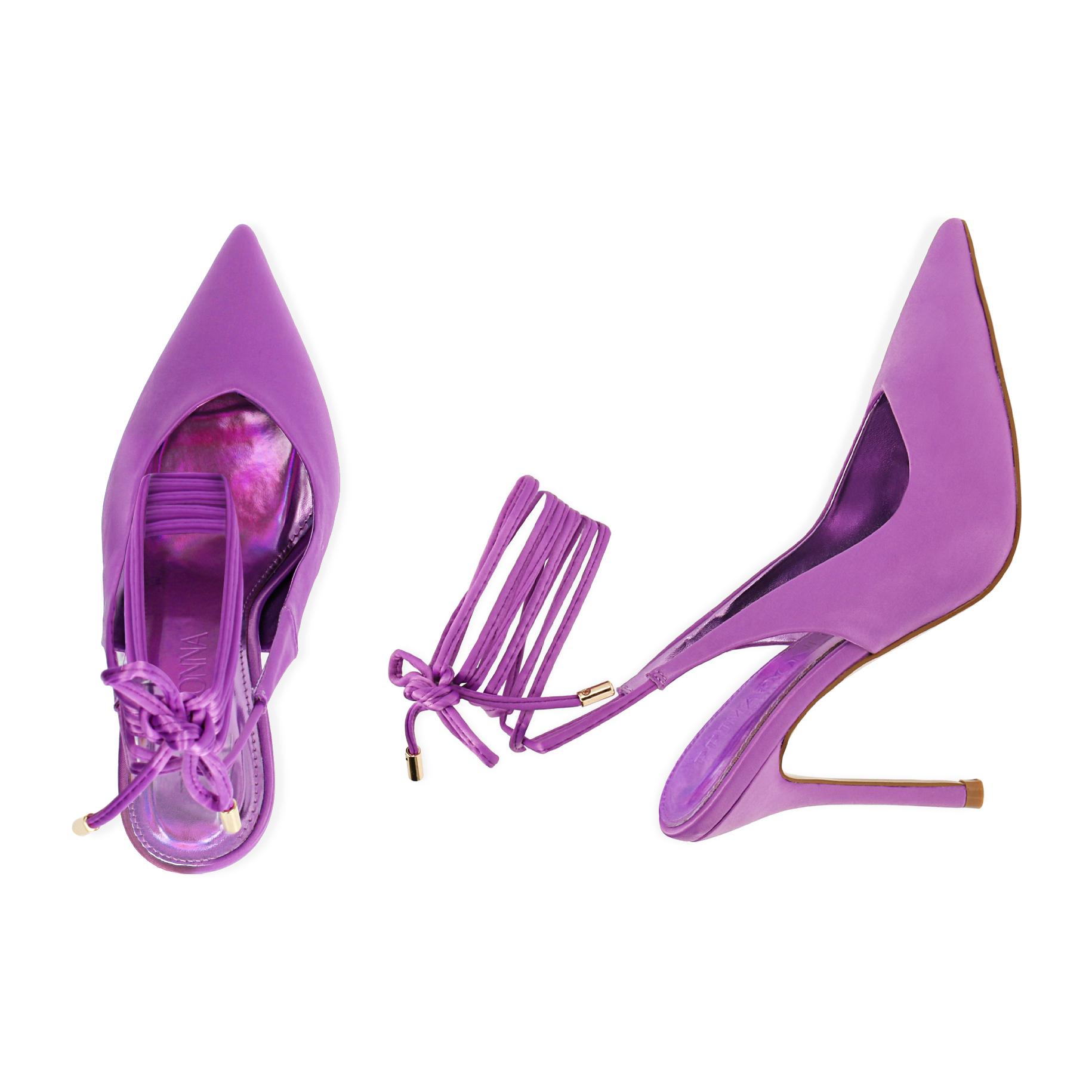 Slingback viola in raso, tacco 11 cm