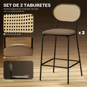 Juego de 2 Taburetes de Bar Taburetes Altos de Cocina con Respaldo de Ratán Asiento de PU Marco de Acero y Reposapiés para Comedor Mostrador 45x50x97 cm Marrón