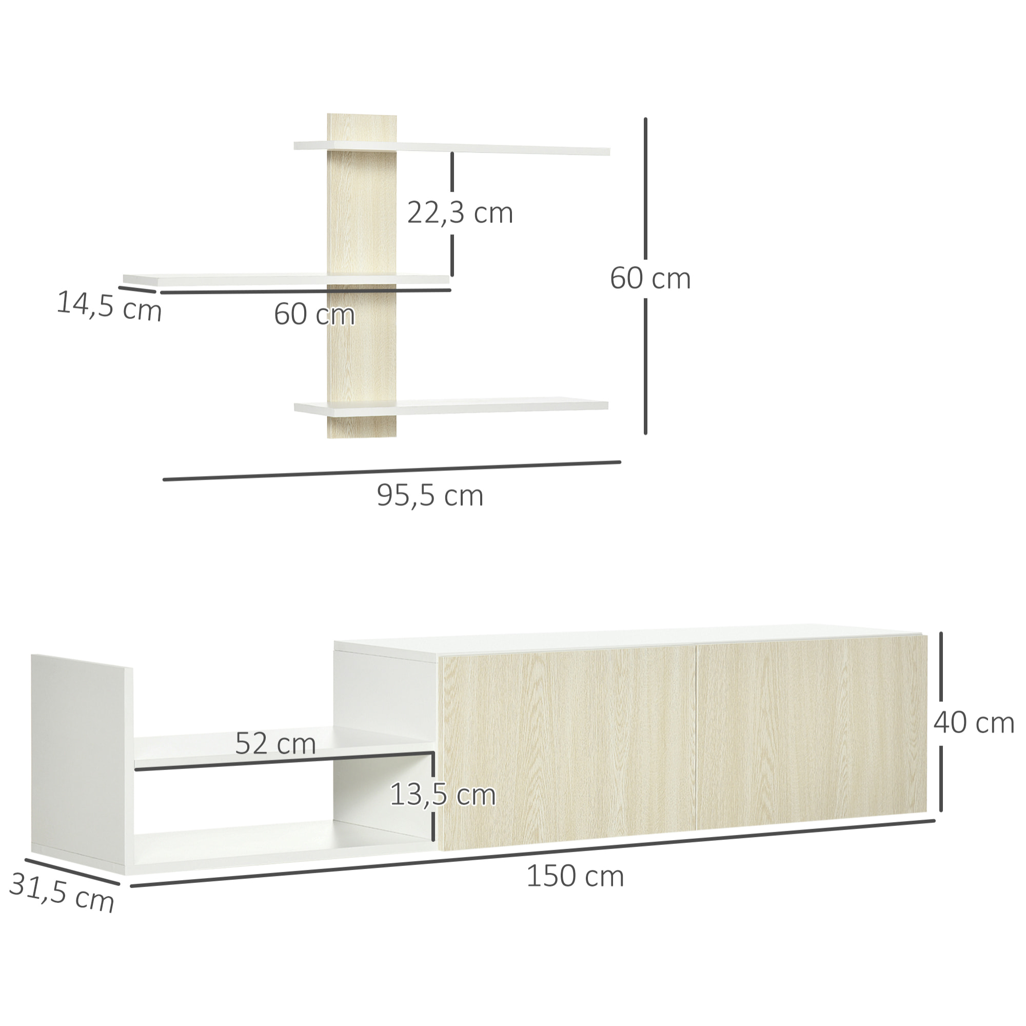 HOMCOM Mueble de Salón para TV Conjunto Mueble de TV con Mesa para Televisor 150x31,5x40 cm y Estante de Pared 95,5x16x60 cm Estilo Moderno Natural