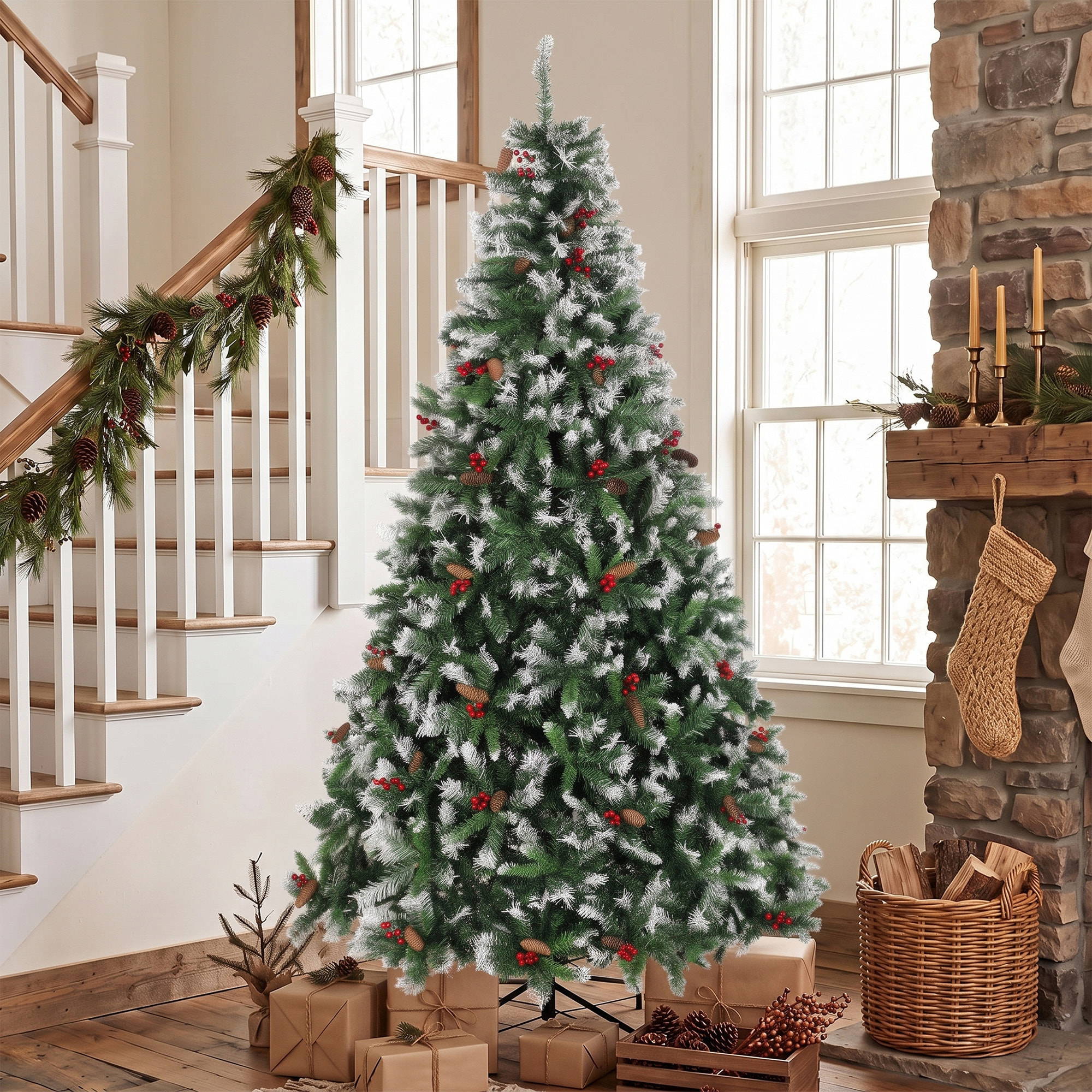 HOMCOM Árbol de Navidad 240 cm, Árbol de Navidad Artificial Nevado con 1773 Ramas, Bayas Rojas, Piñas, Base de Acero Plegable, Montaje Rápido, Decoración Navideña para Salón, Interior, Verde