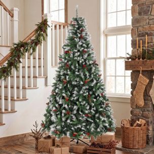 HOMCOM Árbol de Navidad 240 cm, Árbol de Navidad Artificial Nevado con 1773 Ramas, Bayas Rojas, Piñas, Base de Acero Plegable, Montaje Rápido, Decoración Navideña para Salón, Interior, Verde