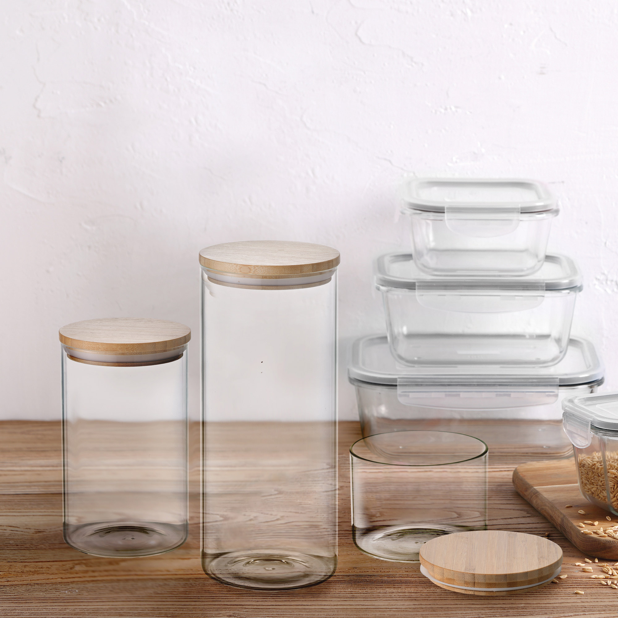 Set de 9 botes en borosilicato (3x 0,6l + 3x 1,4l + 3x 2,1l) para almacenaje de alimentos natur