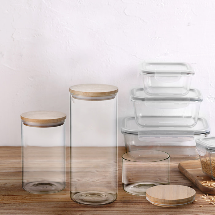 Set de 9 botes en borosilicato (3x 0,6l + 3x 1,4l + 3x 2,1l) para almacenaje de alimentos natur