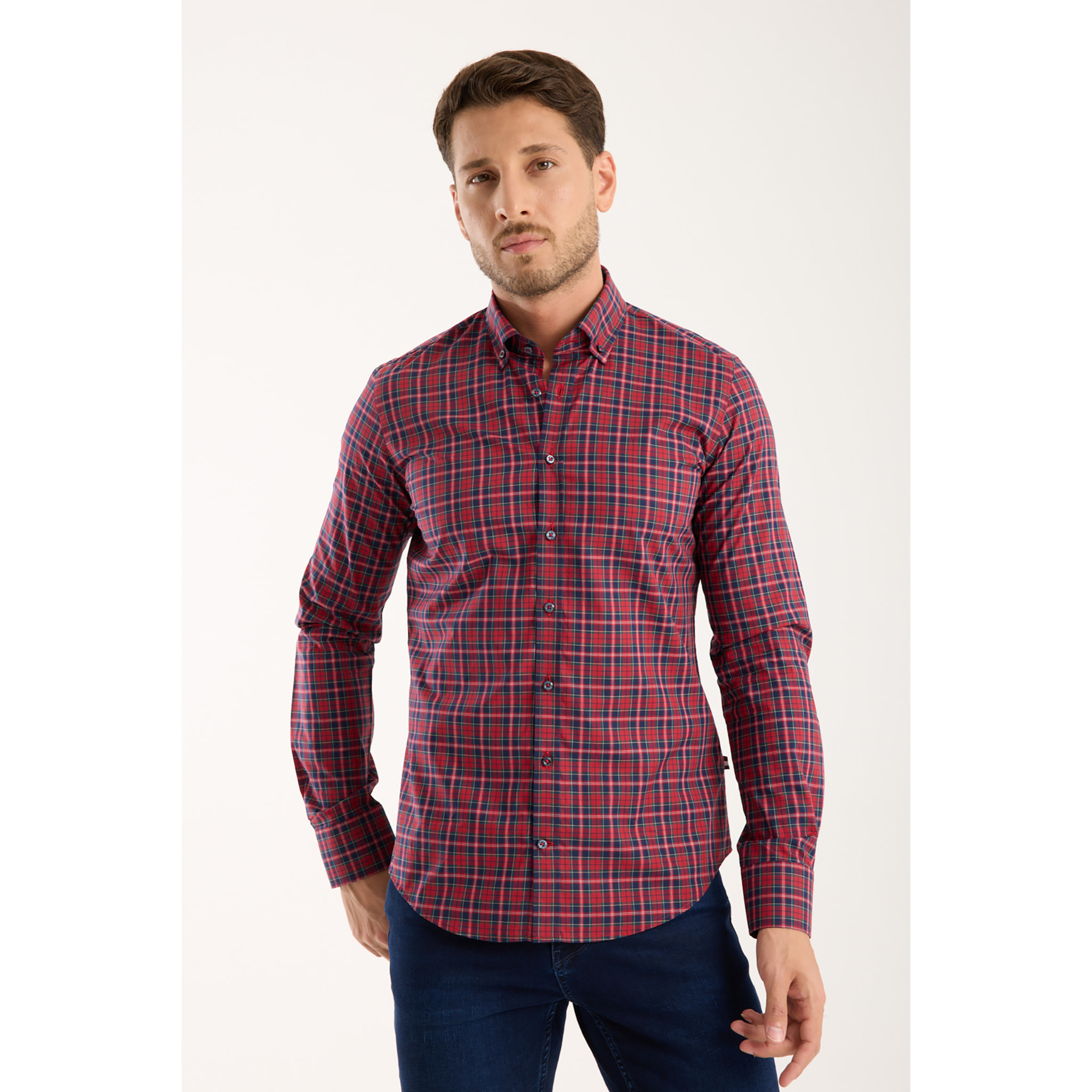 camicia uomo 1 bottone button down slim Popeline Quadro Piccolo Rosso/Blu