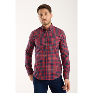 camicia uomo 1 bottone button down slim Popeline Quadro Piccolo Rosso/Blu
