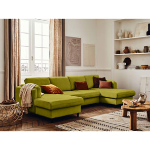Brooke - canapé panoramique en U - 7 places - convertible avec coffre - en velours - Vert Olive