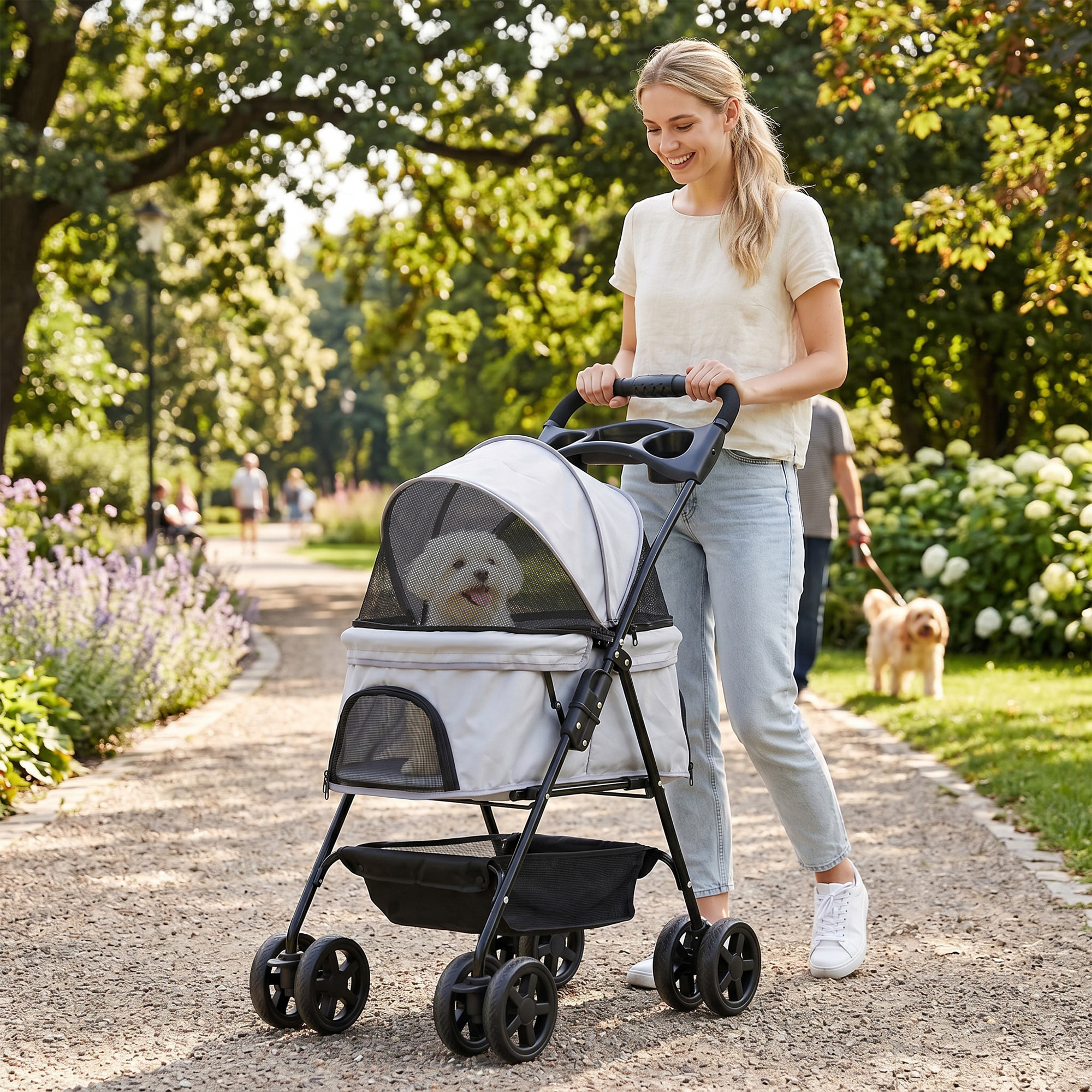 Cochecito para Perros Plegable, Carrito para Perros Pequeños de 4 Ruedas de EVA, Giratorio y Freno, Cesta, Correas de Seguridad, Capota Ajustable, Portavasos y Ventana, 67x45x96 cm, Gris Claro
