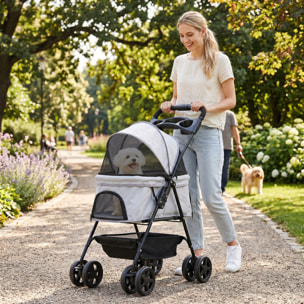 Cochecito para Perros Plegable, Carrito para Perros Pequeños de 4 Ruedas de EVA, Giratorio y Freno, Cesta, Correas de Seguridad, Capota Ajustable, Portavasos y Ventana, 67x45x96 cm, Gris Claro