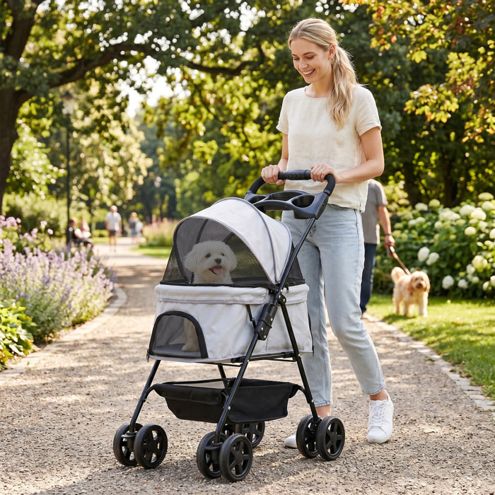 Cochecito para Perros Plegable, Carrito para Perros Pequeños de 4 Ruedas de EVA, Giratorio y Freno, Cesta, Correas de Seguridad, Capota Ajustable, Portavasos y Ventana, 67x45x96 cm, Gris Claro