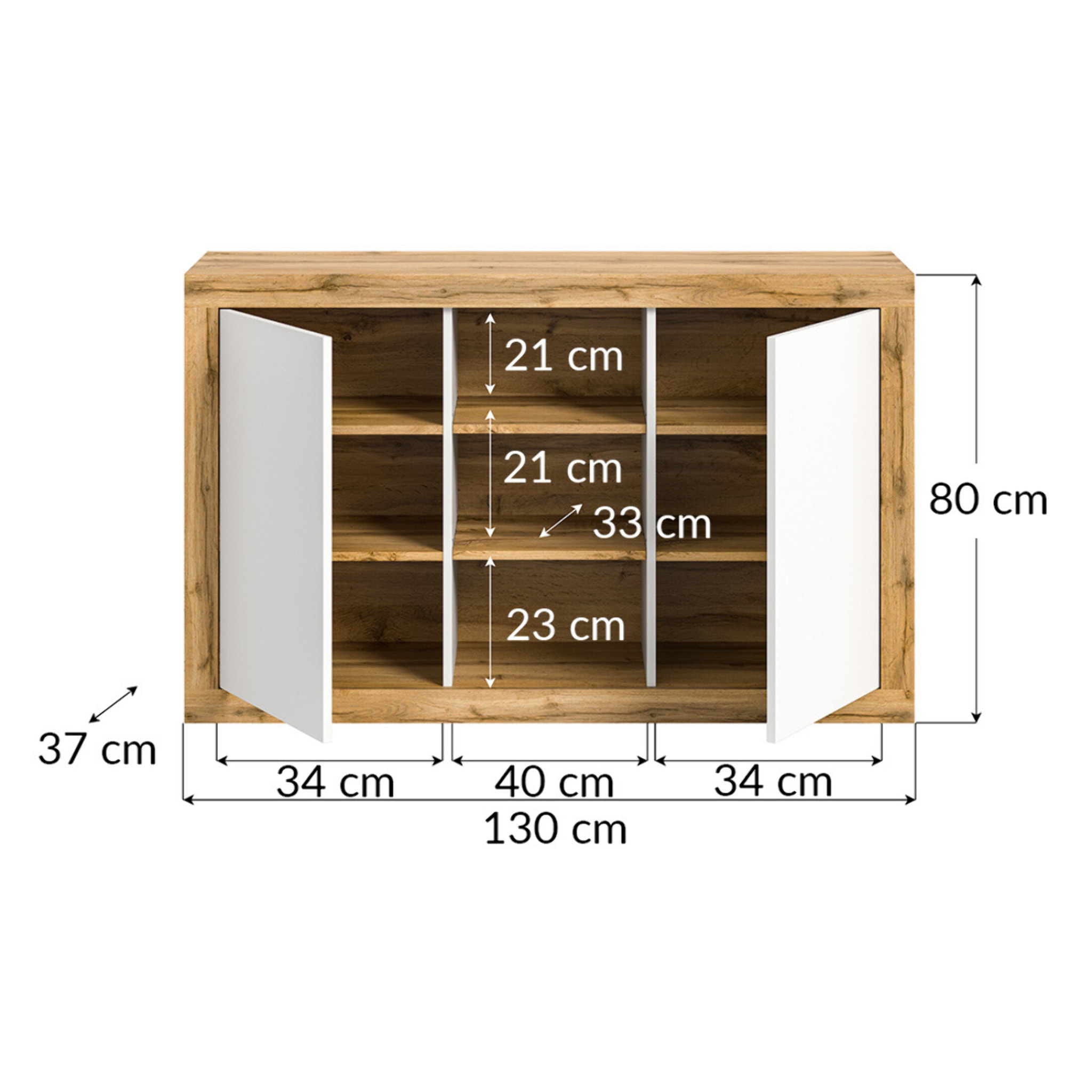 Ethan – buffet bas – 2 portes et 3 niches – bois et blanc - 130 cm - Bois / Blanc