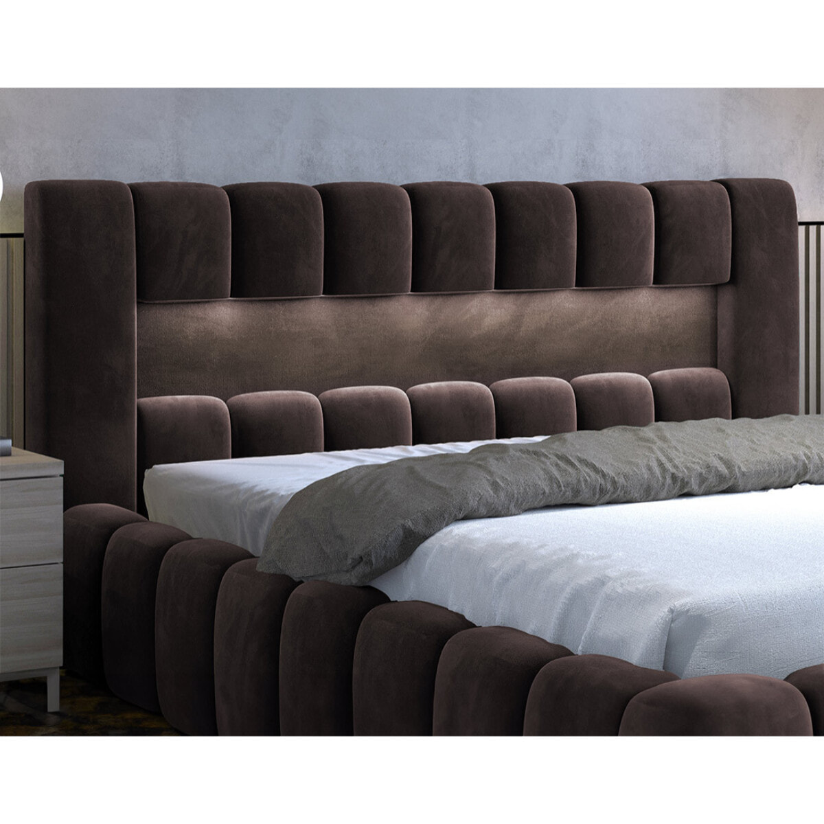 Cleo - lit coffre avec led - 180x200 cm - sommier inclus - en velours - Marron